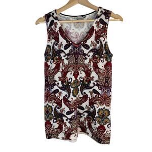 Chico's Women's‎ 0 Cream Burgundy Paisley Sleeveless V-Neck Sweater *